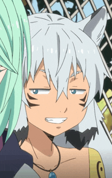 a close up of a cartoon character with white hair