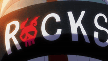 a sign that says rocks with a red skull