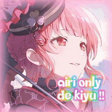 a girl with pink hair is wearing a hat and holding an umbrella with the words " airi only de kiyu " on the bottom
