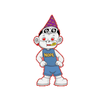 a cartoon character wearing a party hat and sunglasses with the word nope on his shirt