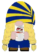 a cartoon gnome wearing a blue and yellow striped hat is holding a cup of coffee