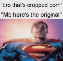 a blurry picture of superman with the words `` bro that 's cropped porn '' and `` mb here 's the original '' .