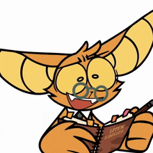 a cartoon character holding a notebook that says " letum libellus "