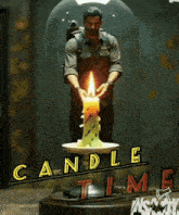 a man is holding a lit candle in a glass dome with the words candle time below it