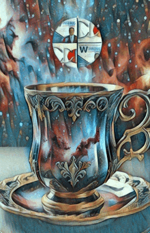a painting of a cup and saucer with a warning sign