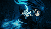 a person with long blue hair is holding a blue sword
