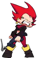 a cartoon character with red hair is holding a gun