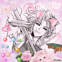 a drawing of a man with a sword is surrounded by pink bubbles and a cat with ears
