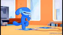 a blue cartoon character wearing headphones and a virtual reality headset is dancing
