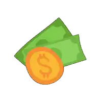 a coin with a dollar sign on it sits next to two bills of money