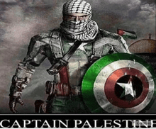 a poster of captain palestine holding a shield with a star on it
