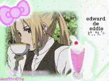 a picture of edward de eddie drinking from a cup next to a milkshake