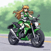 a cartoon drawing of a girl riding a green motorcycle with the watermark keylordysma.art