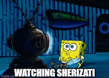a cartoon of spongebob sitting in front of a television with the caption watching sherizati