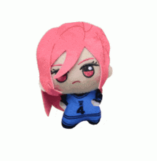 a stuffed doll with pink hair and the number 4 on his shirt
