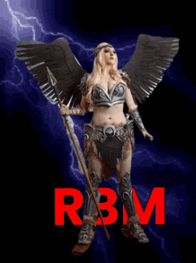 a woman with wings is holding a spear and the word rbm is in red