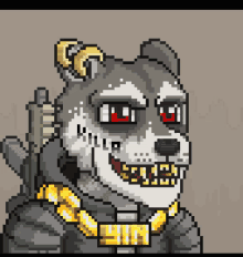 a pixel art of a husky with a gun and a gold chain