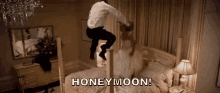 Bride & Groom Jumping On Bed Honeymoon GIF - Honeymoon Just Married Perfect Honeymoon GIFs