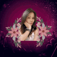 a woman 's face is surrounded by flowers and leaves on a purple background