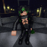 a cartoon character with green hair and a black jacket