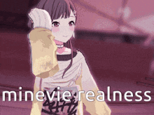 a picture of a girl with the words minevie realness written below her