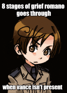 a poster that says 8 stages of grief romano goes through