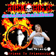 a woman in a white shirt with the word dasding on it stands in front of a fire circle