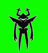 a black silhouette of a frog with horns on a green background .