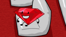 a red diamond with arms and legs is smiling