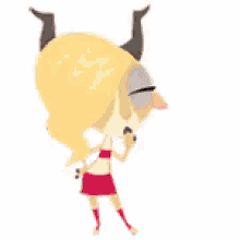 a cartoon girl with horns is blowing a kiss with a pink heart in her mouth .