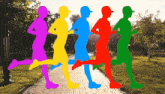 a group of people in different colors are running on a brick path