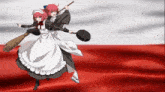 two maids are holding a broom and a frying pan