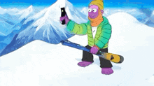 a cartoon character is standing on top of a snow covered mountain holding skis and taking a selfie .