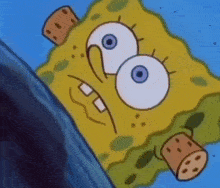 a close up of a cartoon character , spongebob squarepants , with a bottle in his mouth .