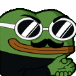 a green frog with glasses and a mustache is wearing a black shirt and a black jacket .