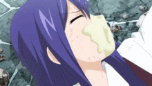 a girl with purple hair has a yellow substance coming out of her nose
