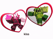 a picture of two hearts with the word kiss on the bottom left