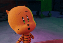 a cartoon cat with green eyes and black spots