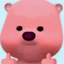 a pink teddy bear is giving a middle finger .