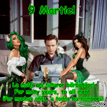 a man is sitting at a table with two women in front of him and the words " 9 martie " on the top