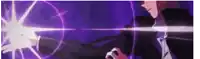a person is standing in front of a purple background and a purple light is coming out of their hand .