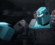 a cartoon drawing of a robot in a dark room with a light shining on it