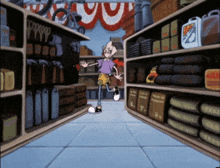 a cartoon character is standing in a store aisle with a sign that says ' gatorade ' on it in the background
