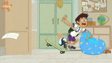 a cartoon of a boy laying on his back on a bed with a bulletin board behind him that says nick