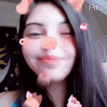 a woman with pig noses on her face is smiling and looking at the camera .