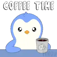 a penguin holding a cup of coffee with the words coffee time behind it