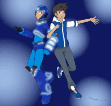 a cartoon drawing of a boy and a robot with the letters id on their arms