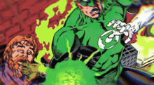 a green lantern is being attacked by a man with a brick wall in the background