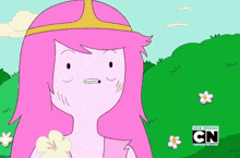 a cartoon of princess bubblegum from adventure time with a flower in her hand