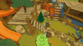 a video game scene with trees and stairs and a slide